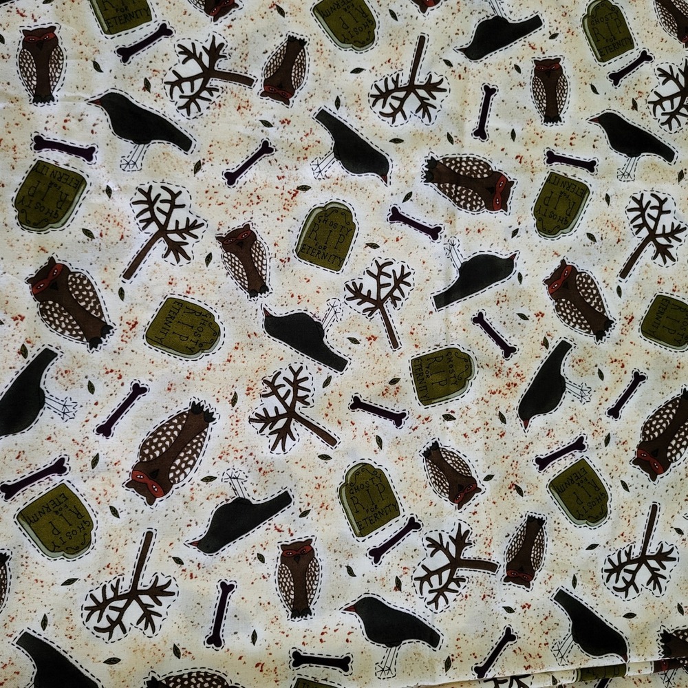 Spooky Hollow Fabric Joanne 2 Yards Exclusive Halloween Owl Grave Crow Bones New